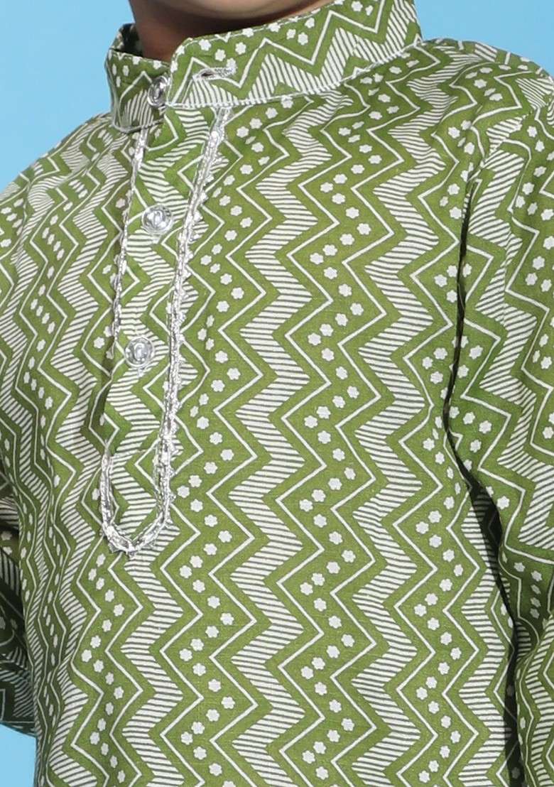 Green Printed Blended Kurta Set For Boys - Indya