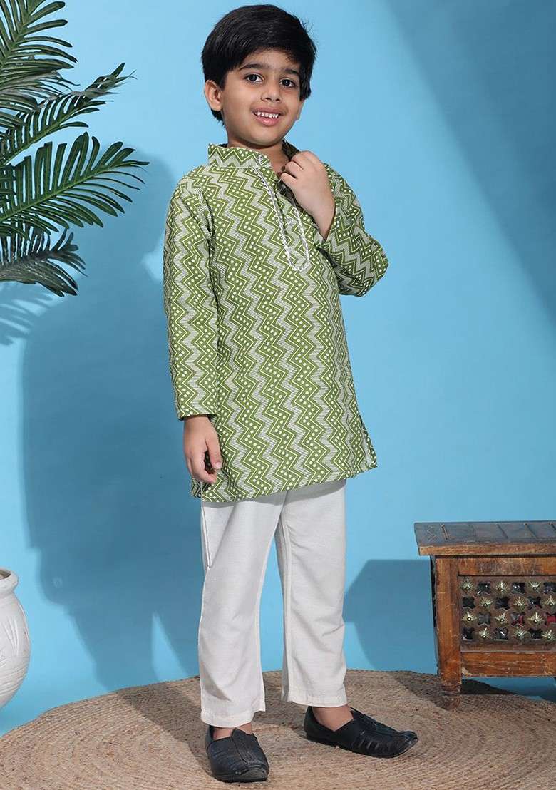Green Printed Blended Kurta Set For Boys - Indya