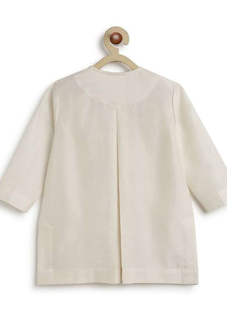 Cream Embroidered Silk Kurta Set For Boys - Indya