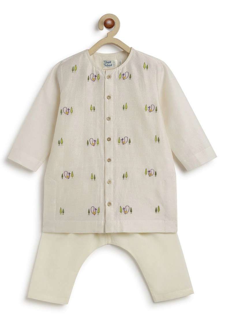 Cream Embroidered Silk Kurta Set For Boys - Indya