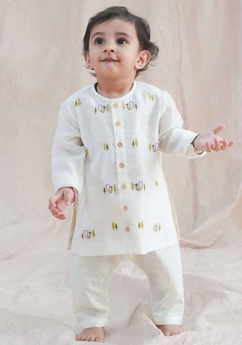 Cream Embroidered Silk Kurta Set For Boys