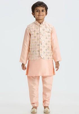 Peach Embroidered Blended Kurta Set For Boys