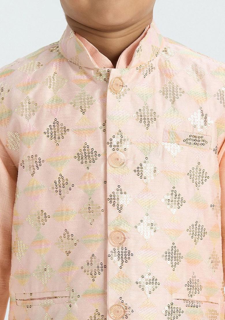 Peach Embroidered Blended Kurta Set For Boys - Indya
