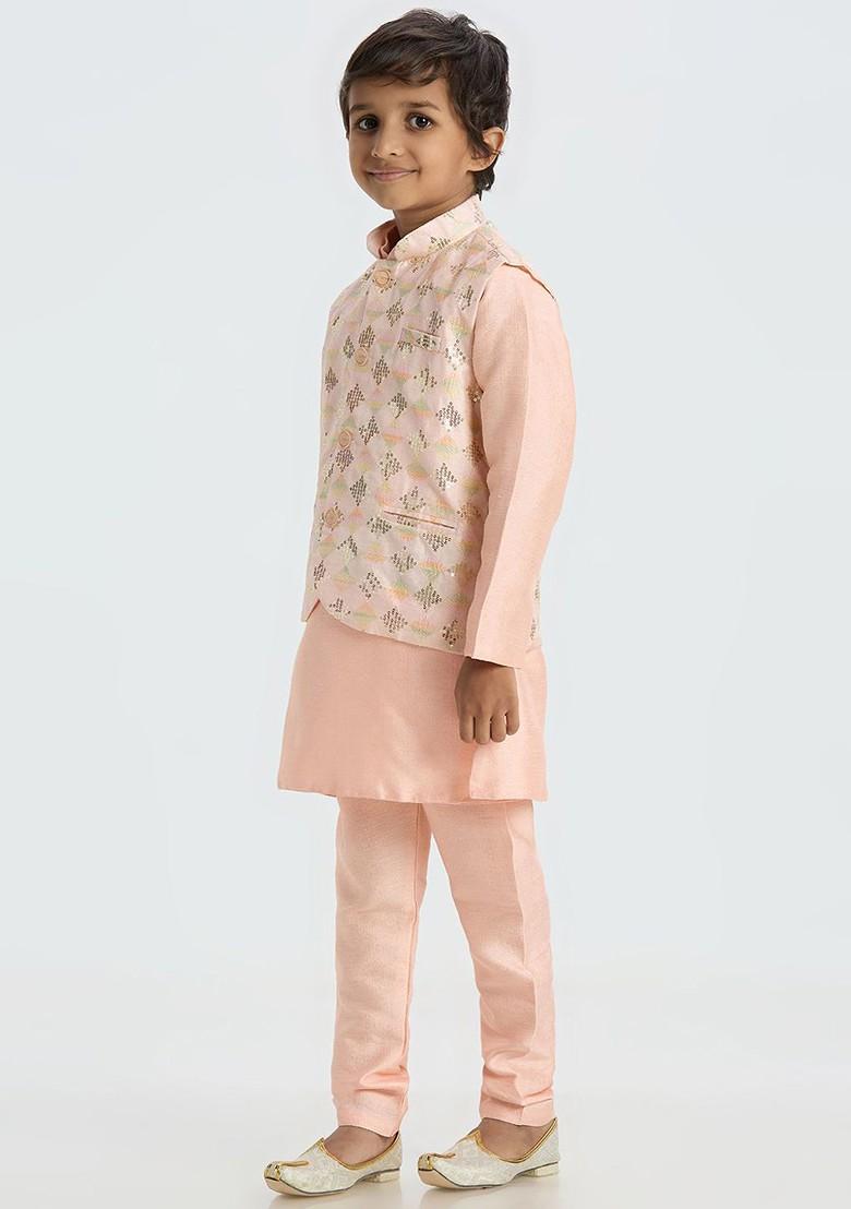 Peach Embroidered Blended Kurta Set For Boys - Indya