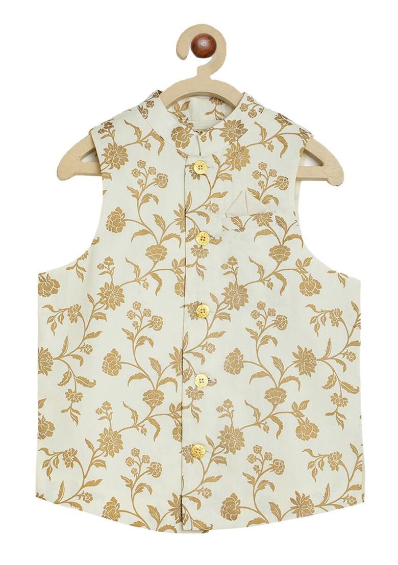 Cream Printed Cotton Nehru Jacket Set For Boys - Indya