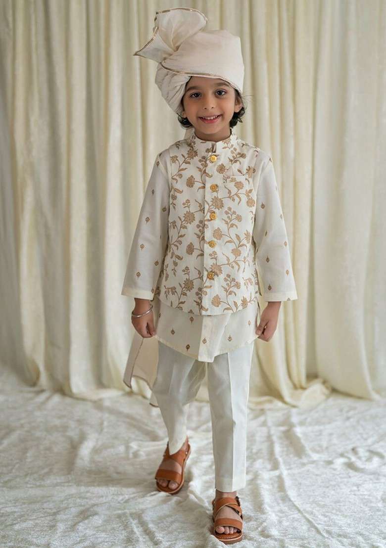 Cream Printed Cotton Nehru Jacket Set For Boys - Indya