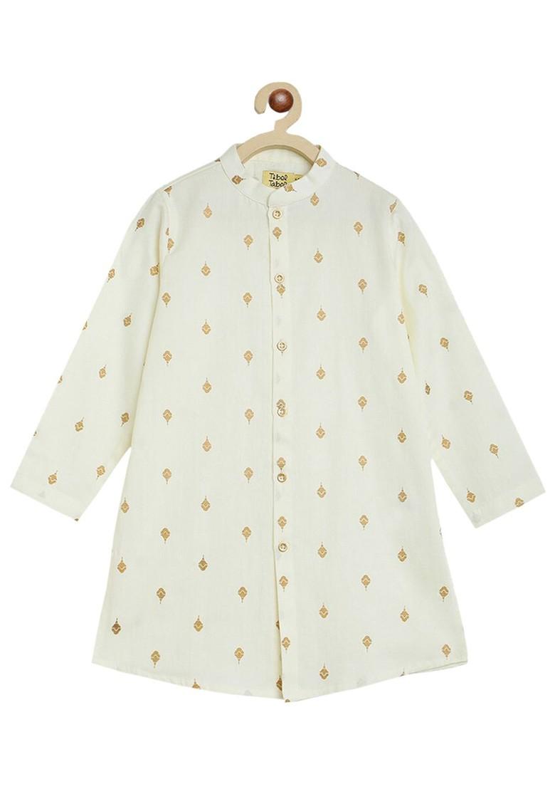 Cream Printed Cotton Nehru Jacket Set For Boys - Indya