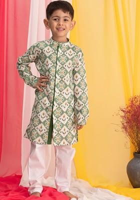 Green Printed Blended Kurta Set For Boys