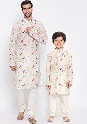Cream Printed Blended Kurta Set For Boys