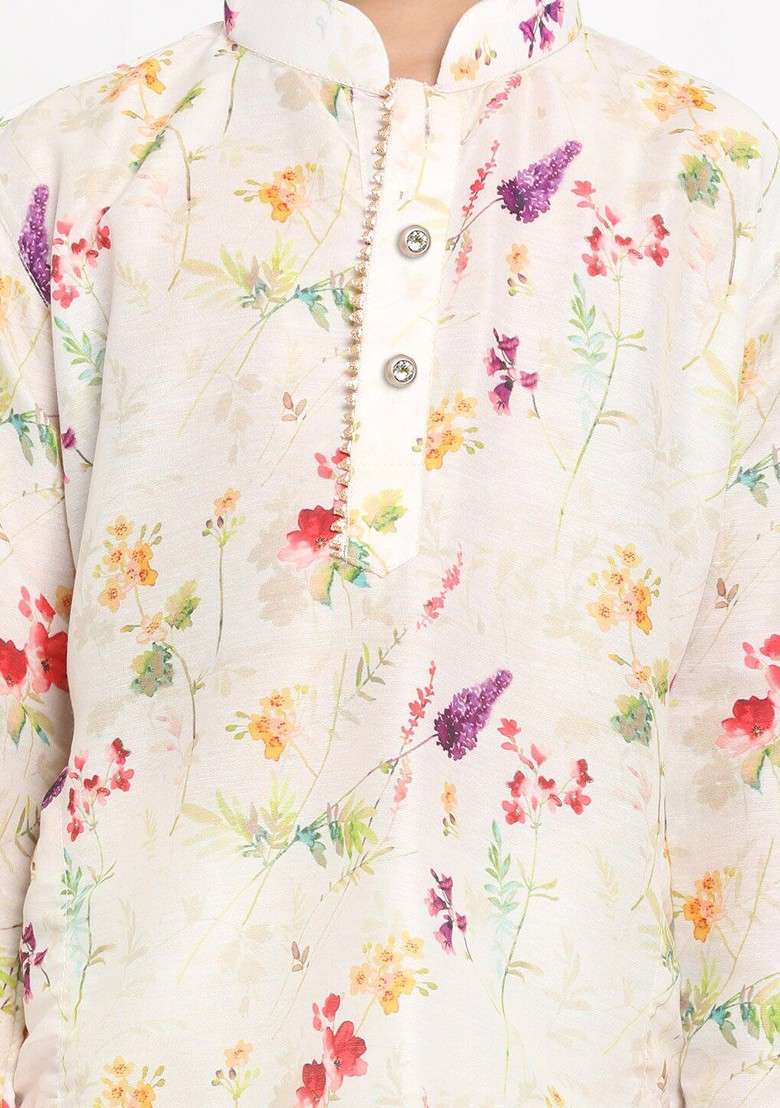 Cream Printed Blended Kurta Set For Boys - Indya