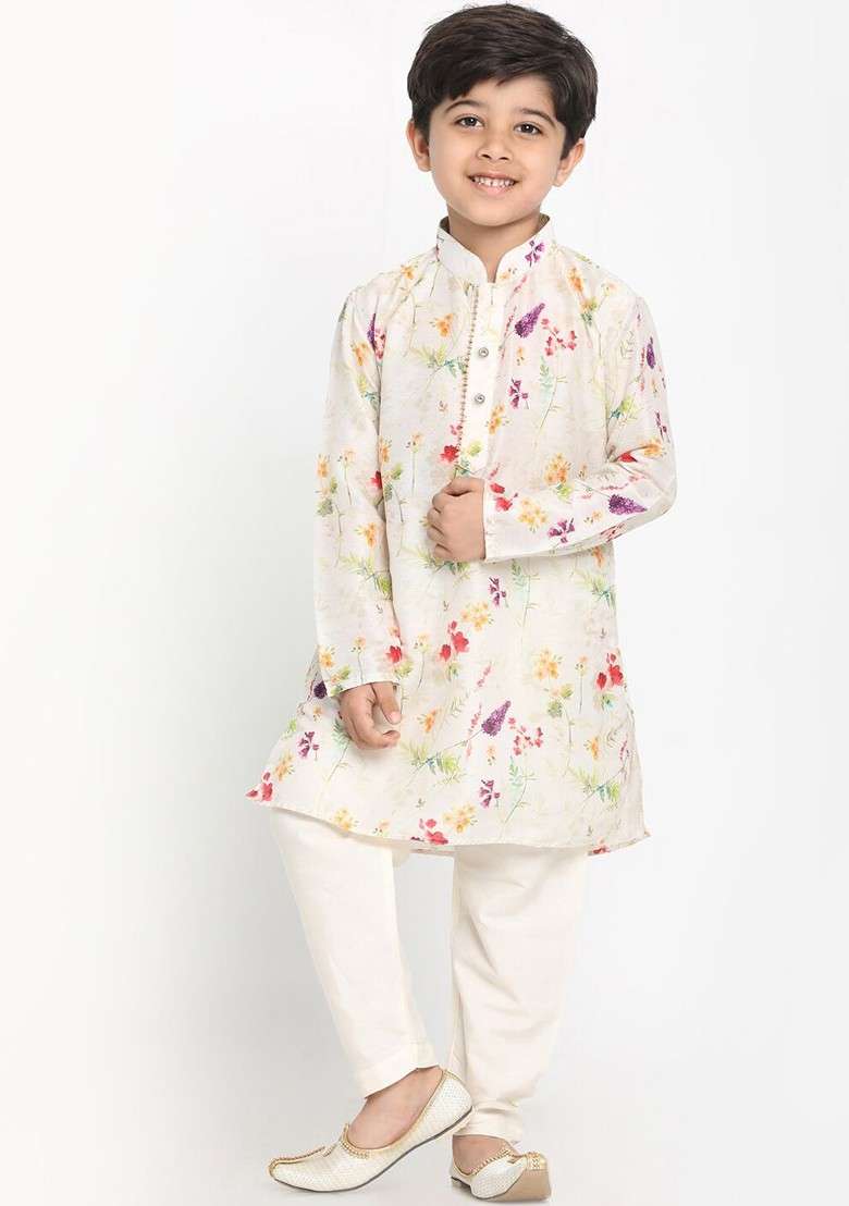Cream Printed Blended Kurta Set For Boys - Indya
