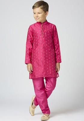 Pink Woven Design Cotton Kurta Set For Boys