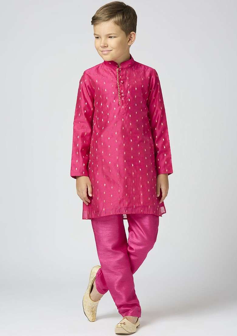 Pink Woven Design Cotton Kurta Set For Boys - Indya