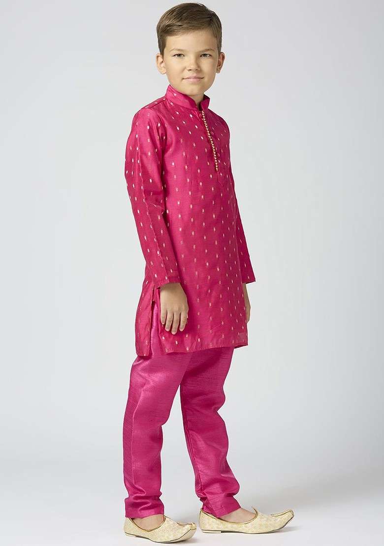 Pink Woven Design Cotton Kurta Set For Boys - Indya