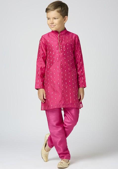 Pink Woven Design Cotton Kurta Set For Boys — view on Indya