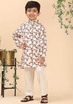 Brown Printed Blended Kurta Set For Boys
