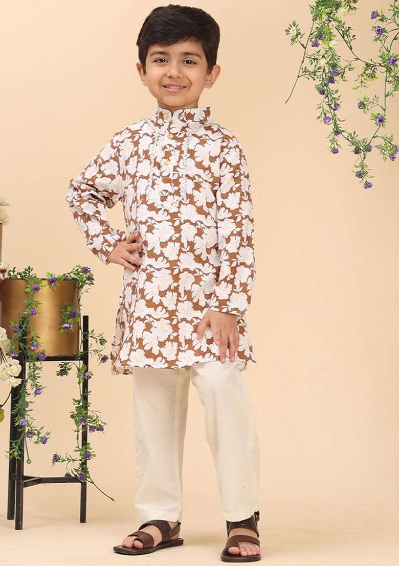 Brown Printed Blended Kurta Set For Boys - Indya
