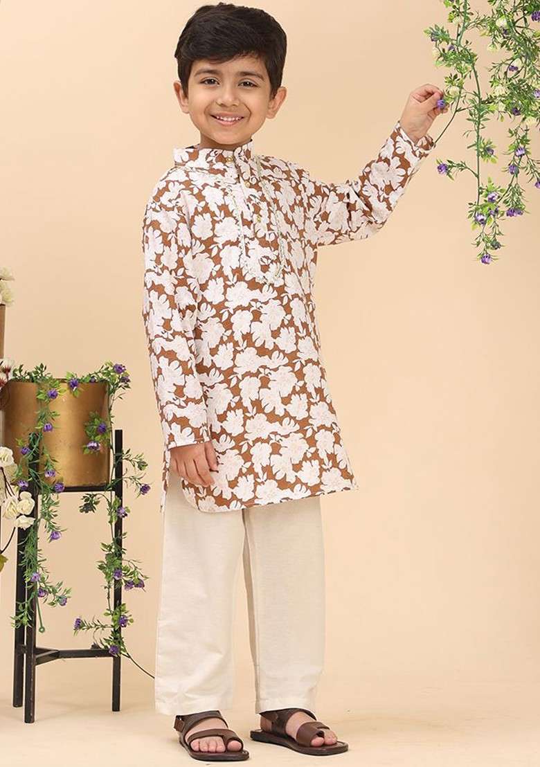 Brown Printed Blended Kurta Set For Boys - Indya