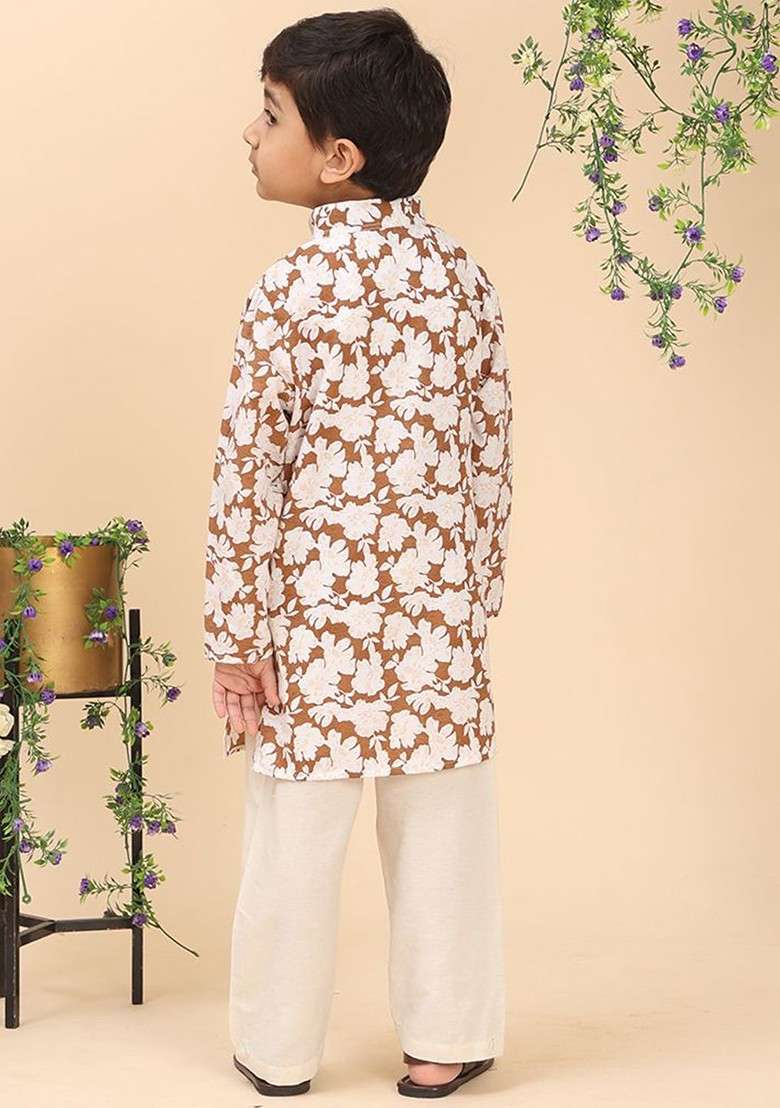 Brown Printed Blended Kurta Set For Boys - Indya