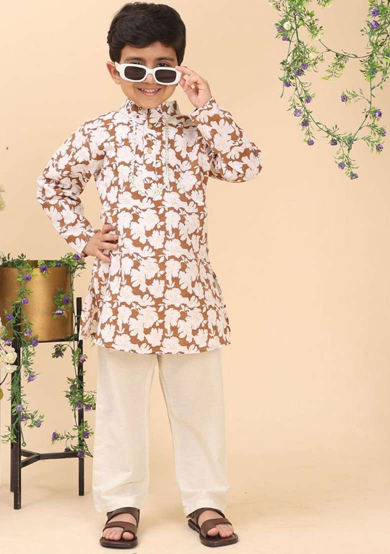 Brown Printed Blended Kurta Set For Boys - Indya