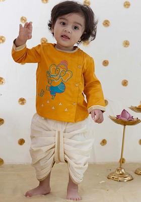 Yellow Embroidered Cotton Kurta Dhoti Set For Boys