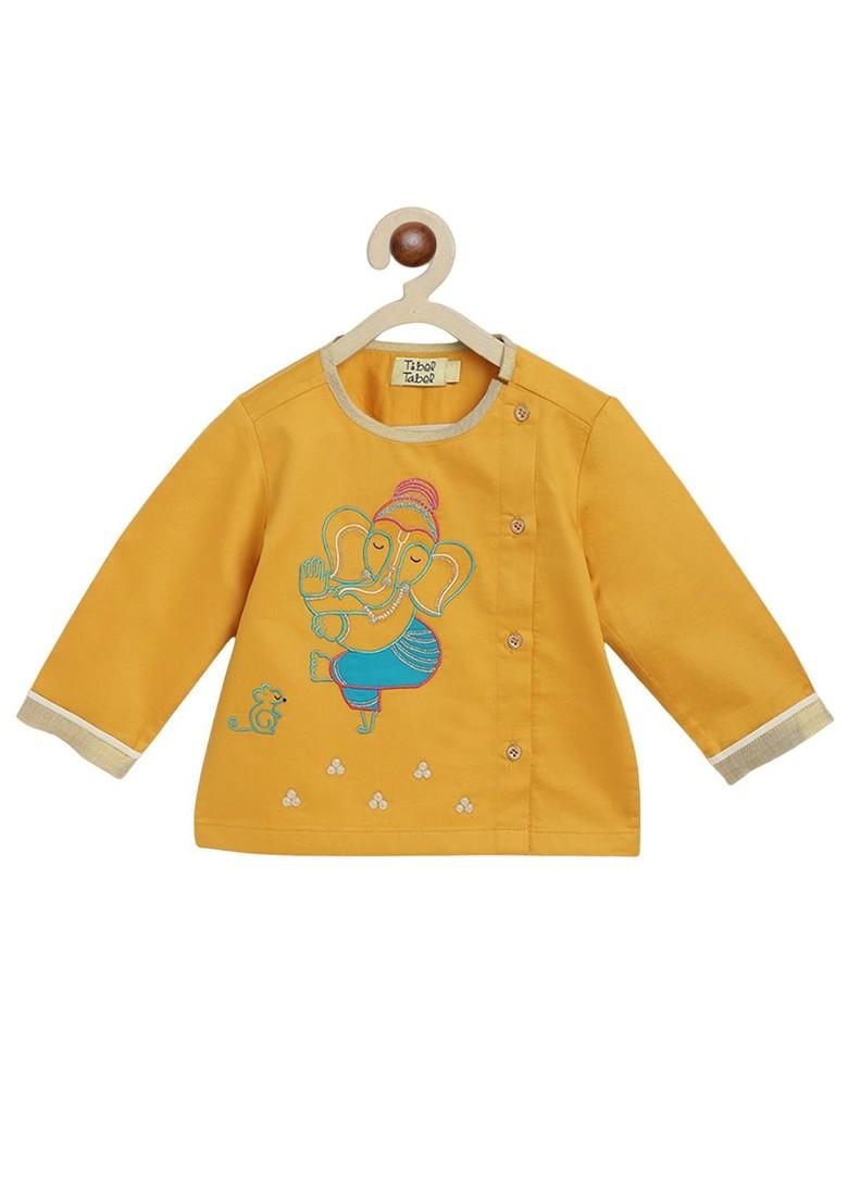 Yellow Embroidered Cotton Kurta Dhoti Set For Boys - Indya