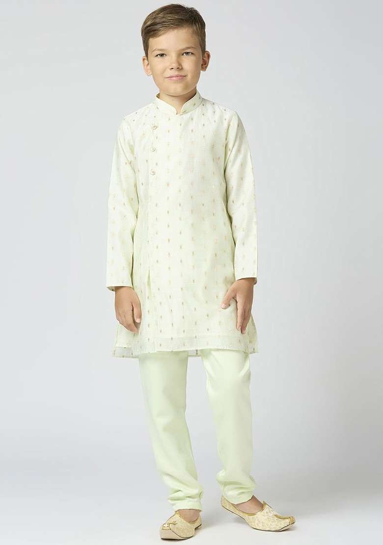 Green Woven Design Cotton Kurta Set For Boys - Indya