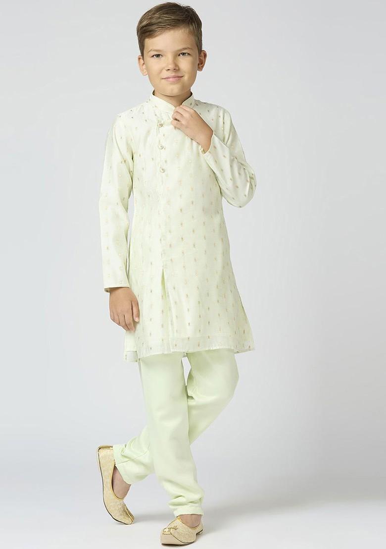 Green Woven Design Cotton Kurta Set For Boys - Indya