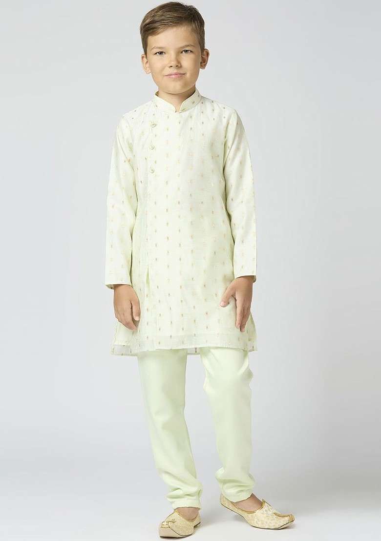 Green Woven Design Cotton Kurta Set For Boys - Indya