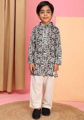 Black Printed Blended Kurta Set For Boys