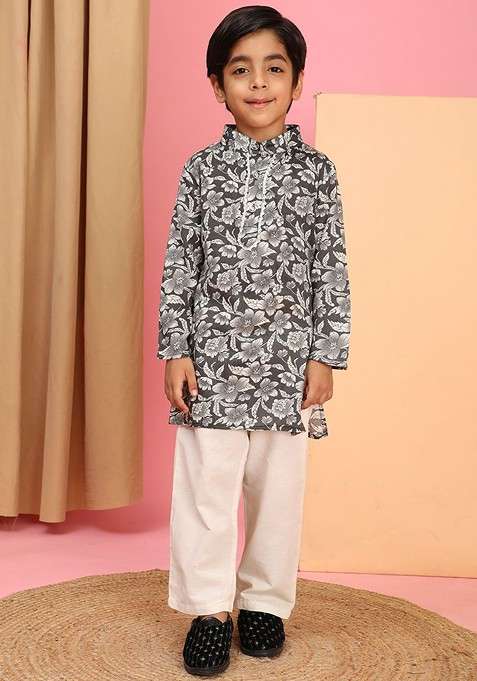 Black Printed Blended Kurta Set For Boys