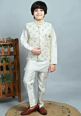 White Embroidered Blended Kurta Set For Boys