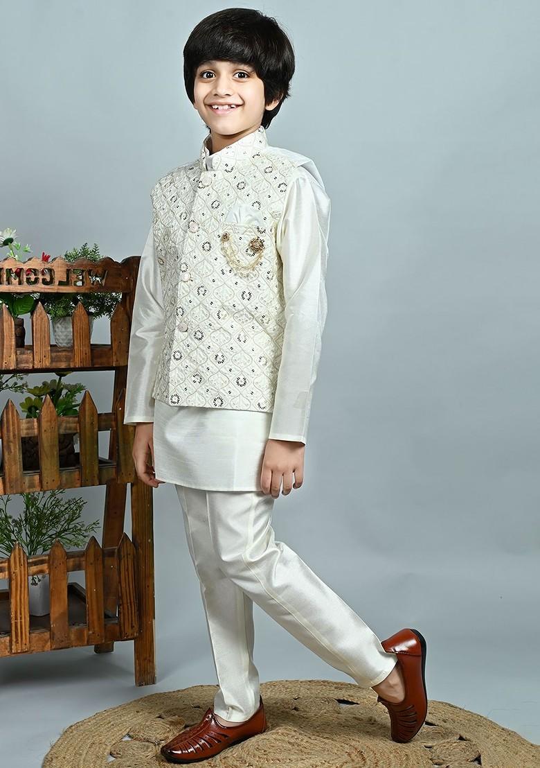 White Embroidered Blended Kurta Set For Boys - Indya