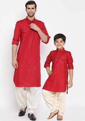 Red Embroidered Blended Kurta Dhoti Set For Boys