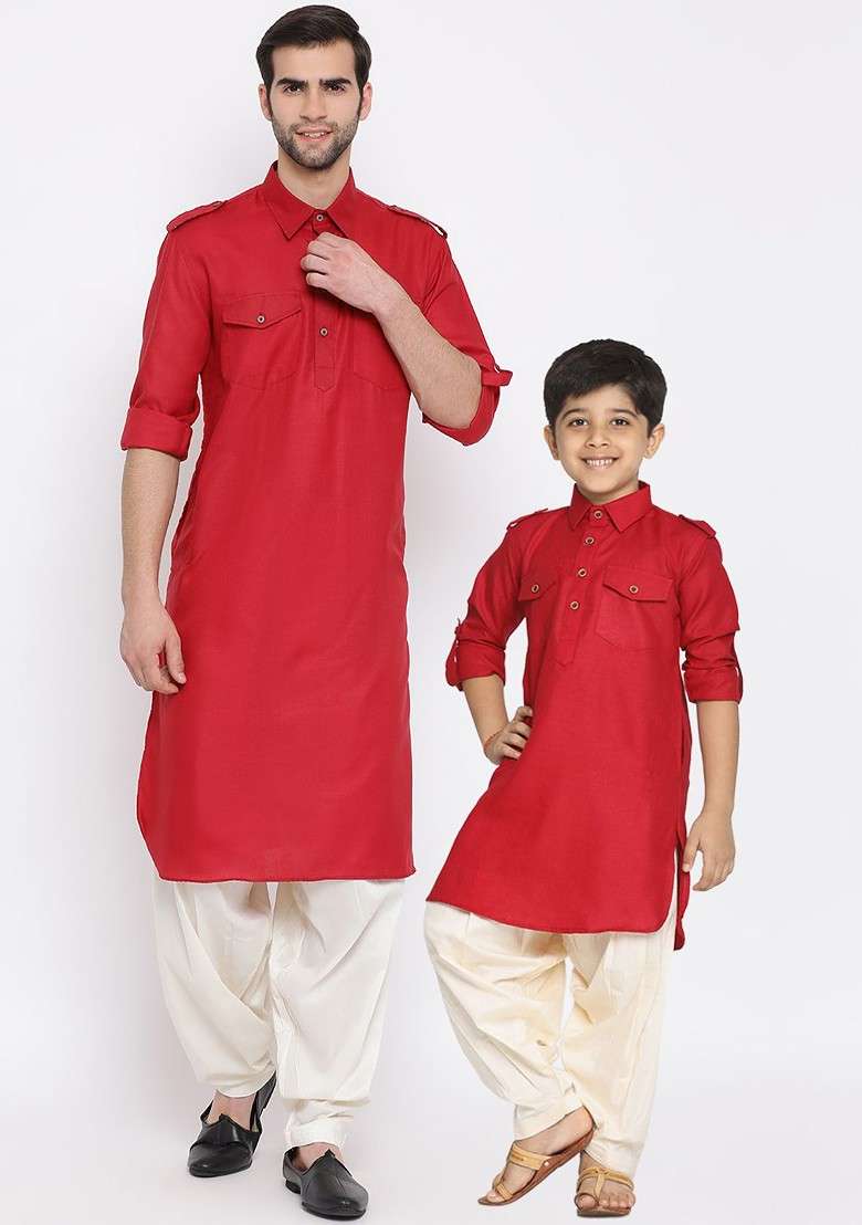 Red Embroidered Blended Kurta Dhoti Set For Boys - Indya
