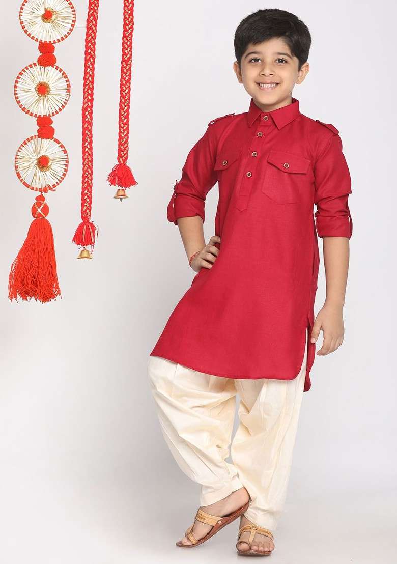 Red Embroidered Blended Kurta Dhoti Set For Boys - Indya