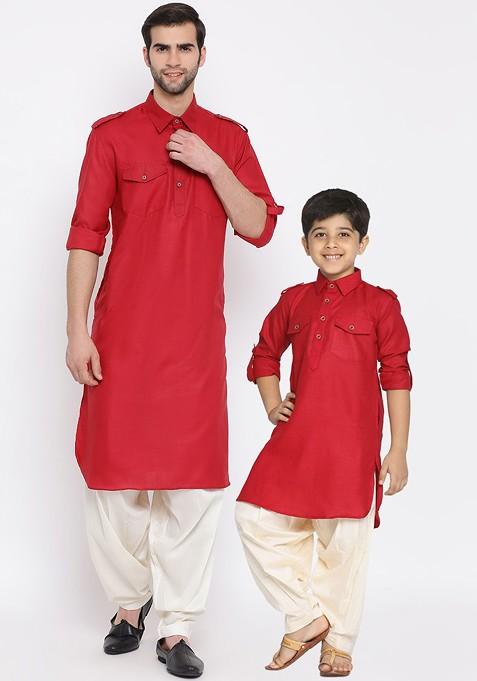Red Embroidered Blended Kurta Dhoti Set For Boys — view on Indya