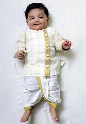 Off White Embroidered Cotton Kurta Dhoti Set For Boys