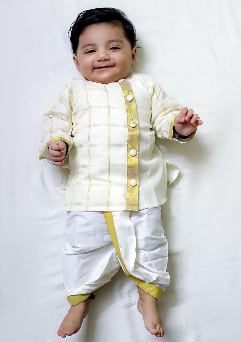 Off White Embroidered Cotton Kurta Dhoti Set For Boys - Indya