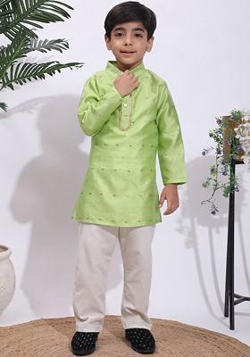 Green Embroidered Blended Kurta Set For Boys