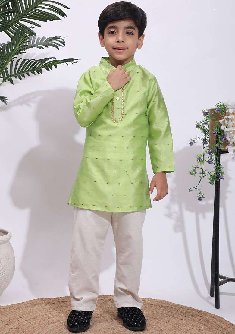 Green Embroidered Blended Kurta Set For Boys - Indya