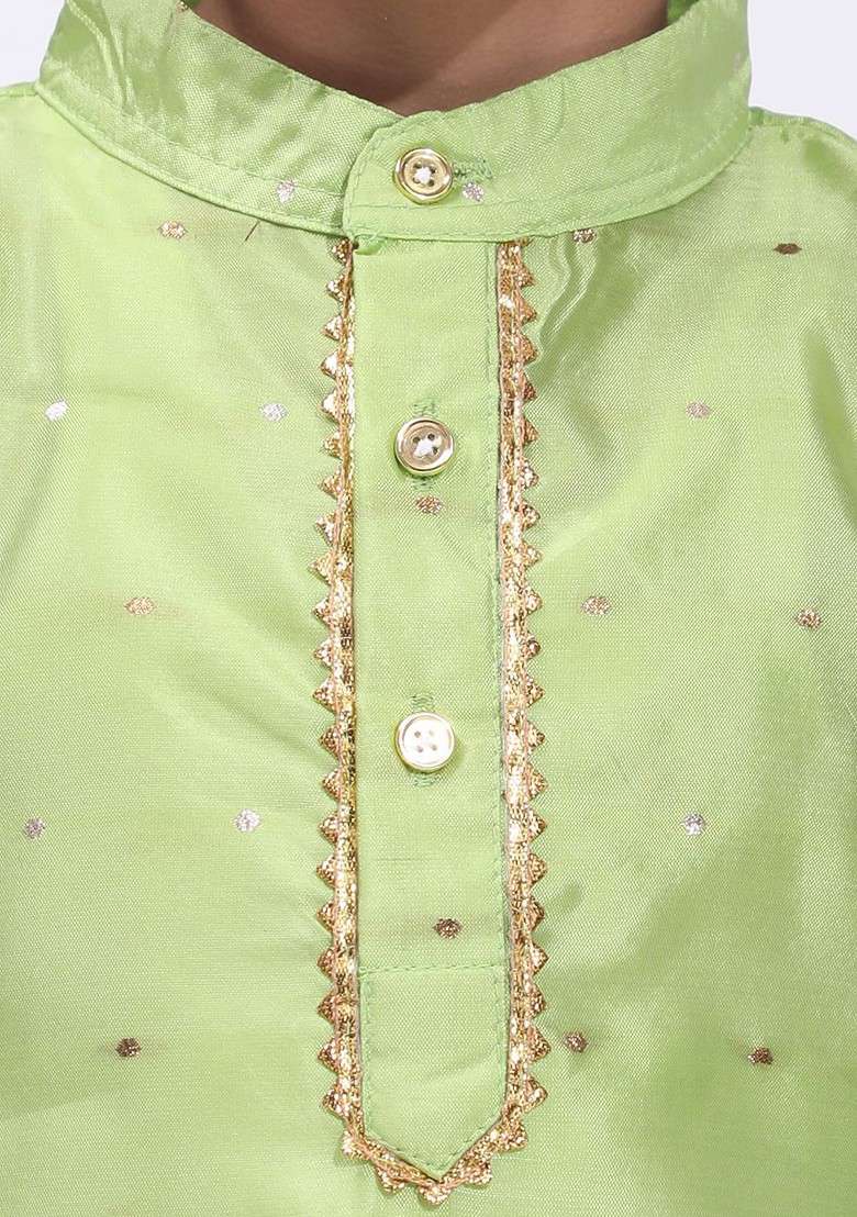Green Embroidered Blended Kurta Set For Boys - Indya