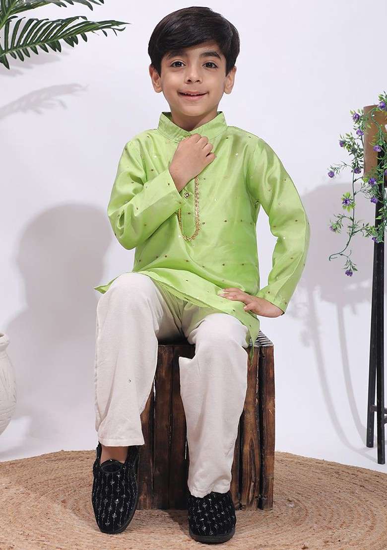 Green Embroidered Blended Kurta Set For Boys - Indya