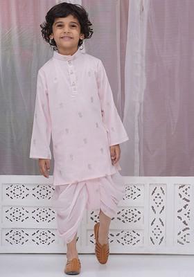 Pink Woven Design Cotton Kurta Dhoti Set For Boys