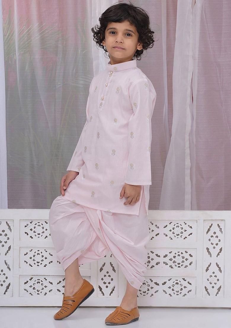 Pink Woven Design Cotton Kurta Dhoti Set For Boys - Indya