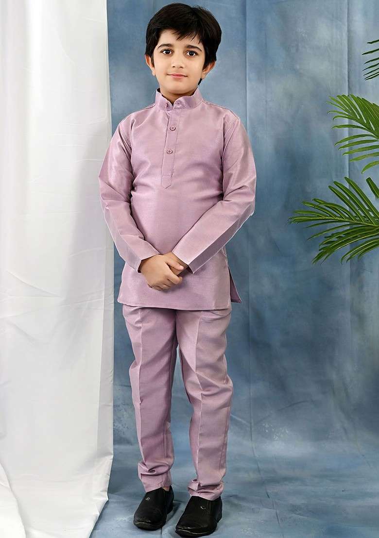 Mauve Embroidered Blended Kurta Set For Boys - Indya