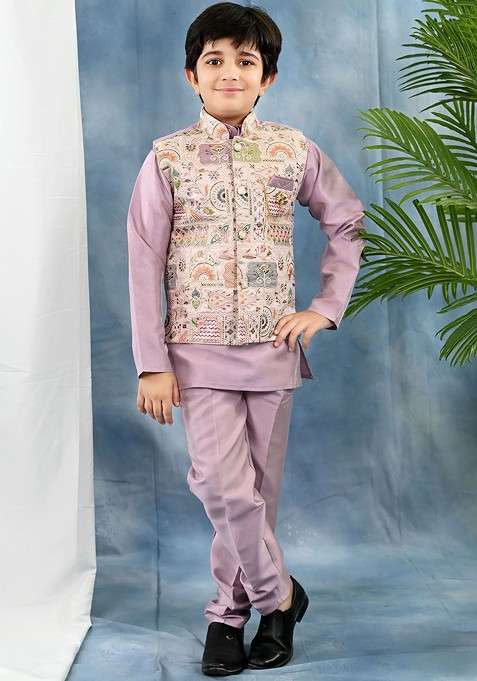 Mauve Embroidered Blended Kurta Set For Boys