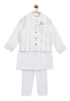 White Embroidered Blended Kurta Set For Boys