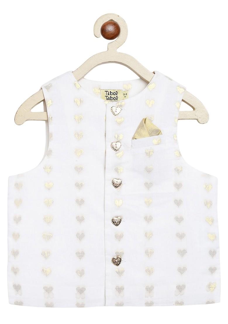 White Embroidered Blended Kurta Set For Boys - Indya