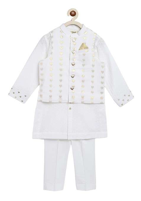 White Embroidered Blended Kurta Set For Boys